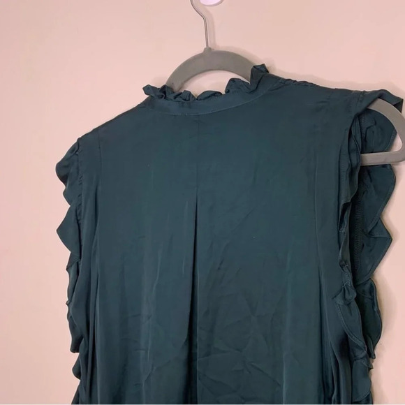7 For All Mankind Green Satiny Cold Shoulder Ruffle Button Front Blouse Size XS - Picture 8 of 12